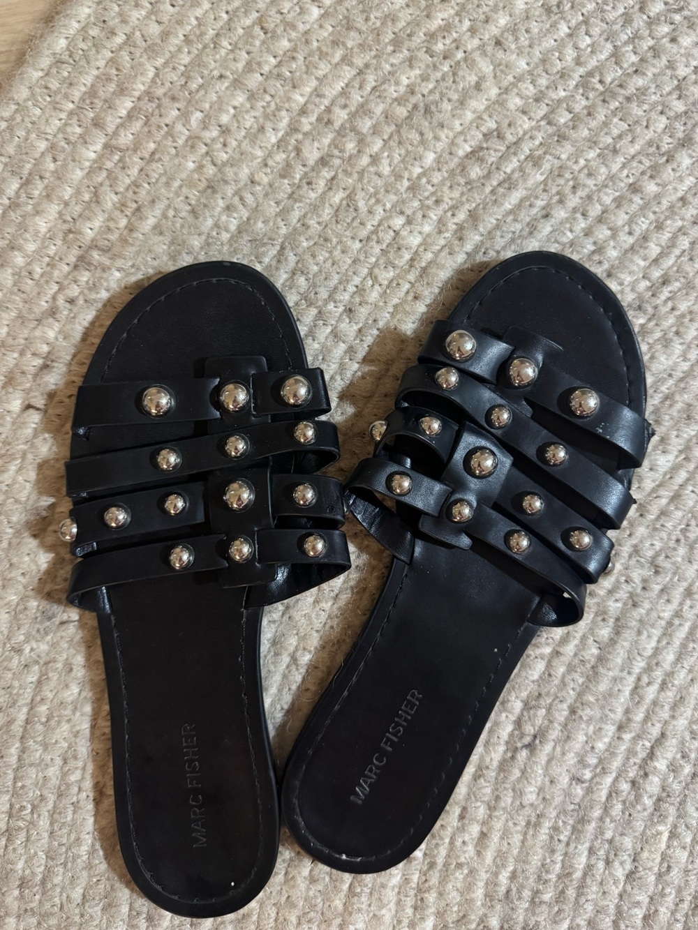 Marc Fisher Black Leather Studded Multi-Strap Slides